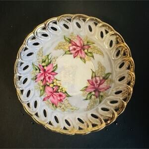 Royal Halsey Porcelain Plate Pierced Rim Floral Pink Flowers Gold Trim Japan